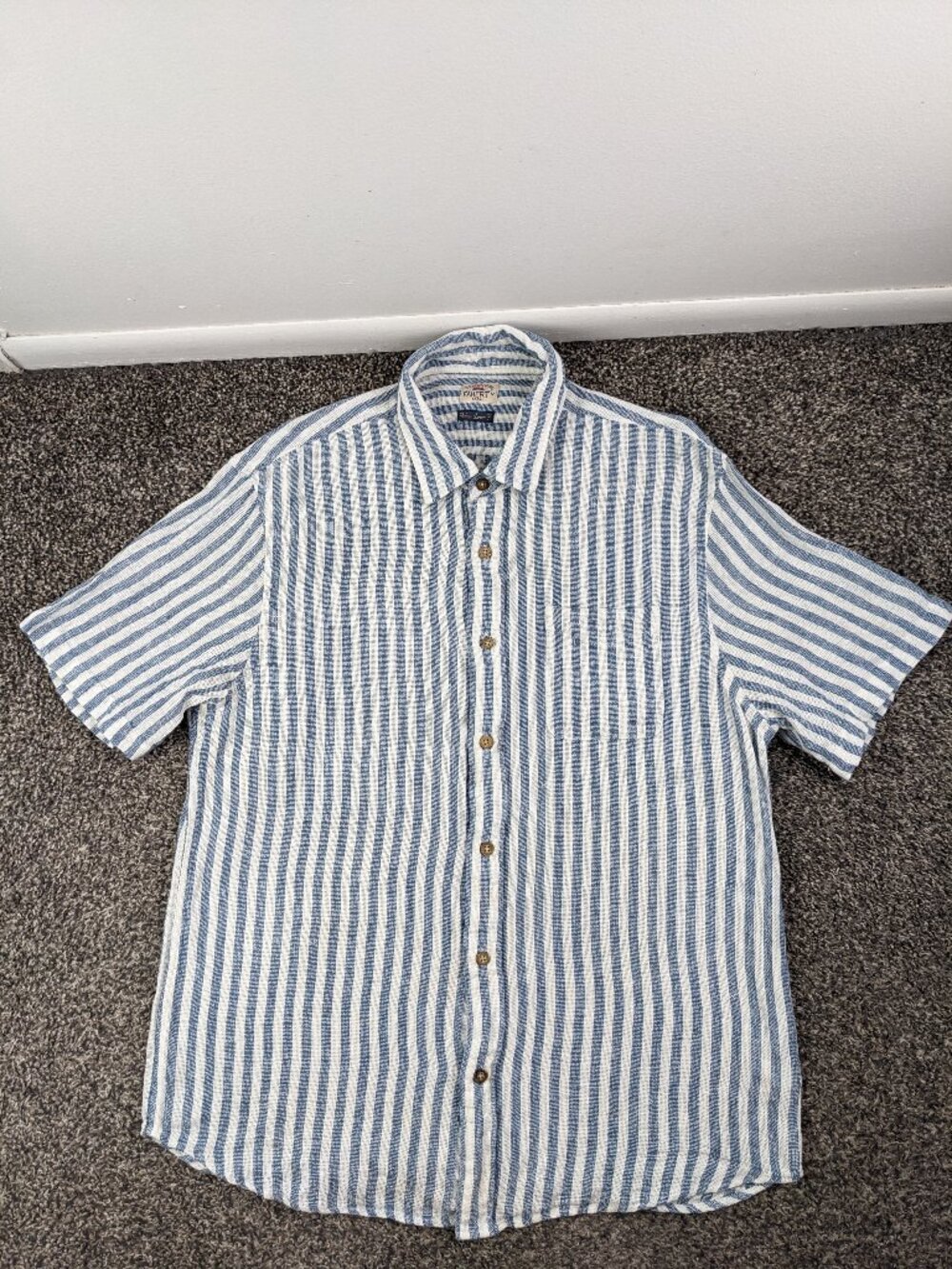 Faherty Shirt Palma Linen Striped Blue Short Sleeve Button Up Mens Large